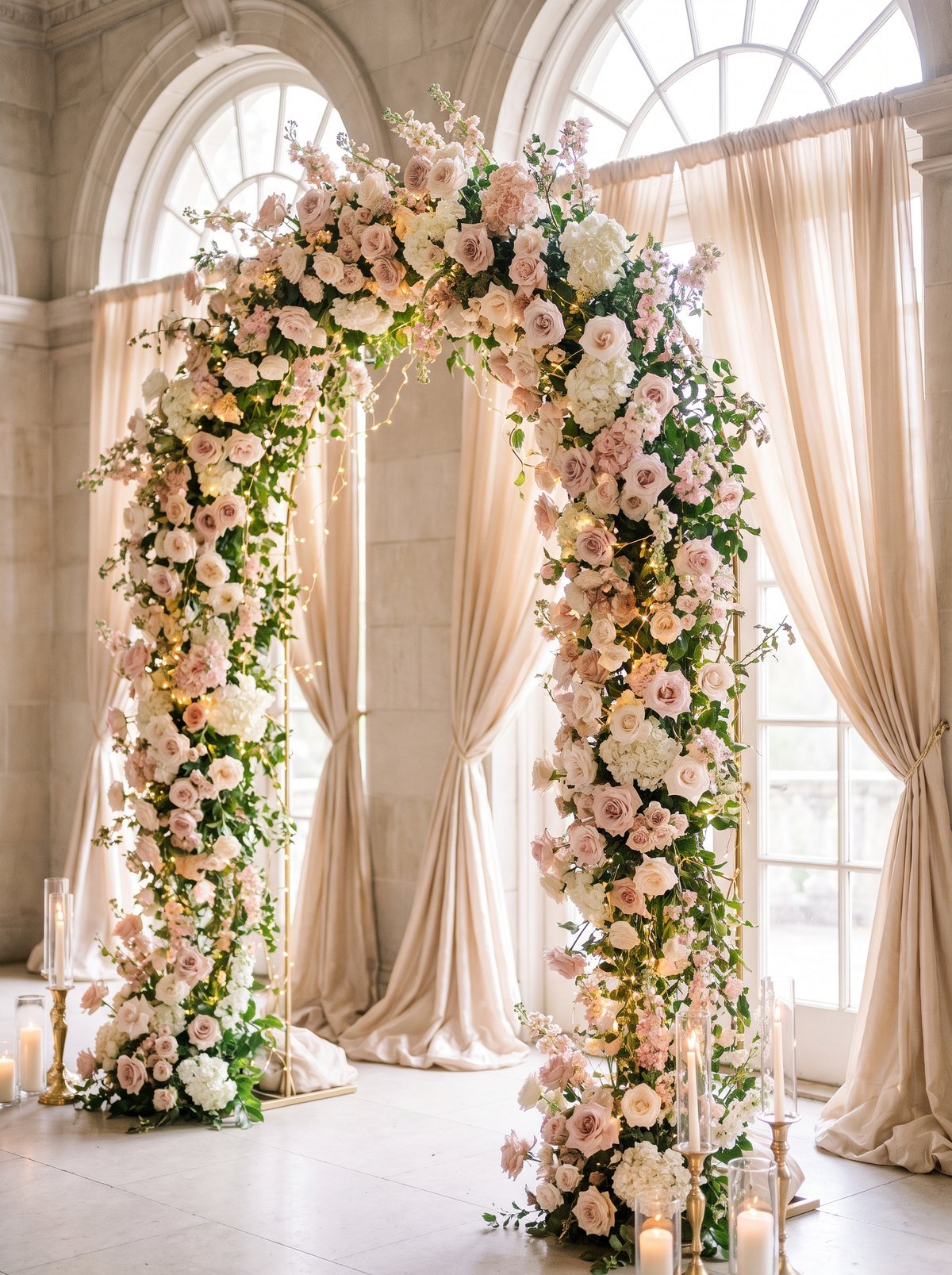 Blush pink and ivory rose floral ceremony arch with soft fairy lights — Layaly Indiana wedding décor