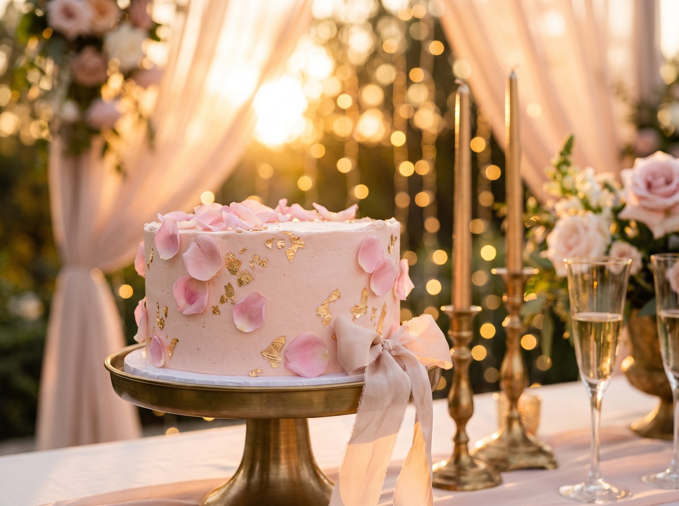 Blush wedding cake decorated with pink rose petals and gold leaf at golden hour — Layaly Indiana