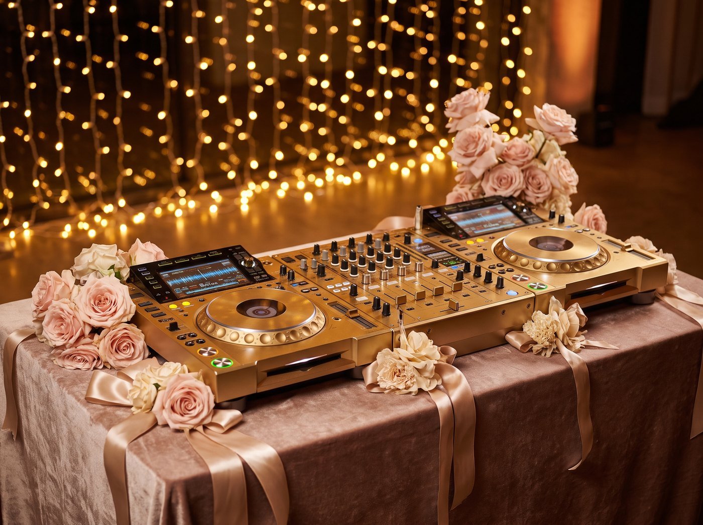 Gold DJ turntable setup styled with blush roses and champagne ribbon for a luxury wedding reception — Layaly Indiana