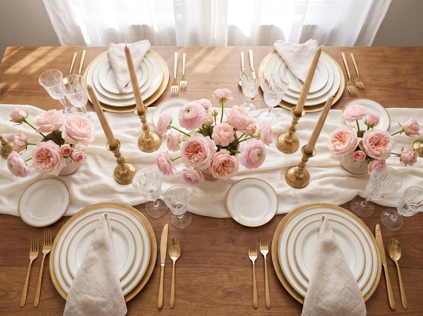 Elegant blush and gold wedding reception table setting with roses, ranunculus and fine china — Layaly Indiana